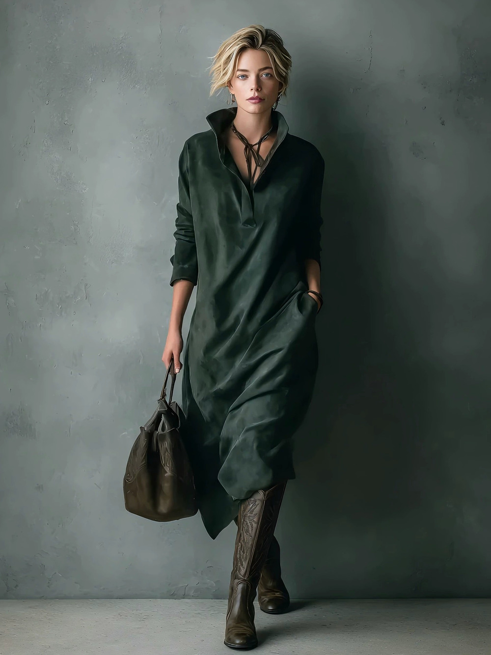 H&M Fall Winter Suede Midi Dress Loose Casual Solid Longsleeve